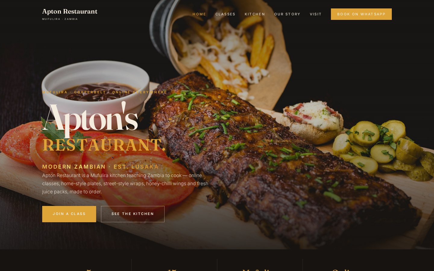 Apton Restaurant website — modern Zambian kitchen hero