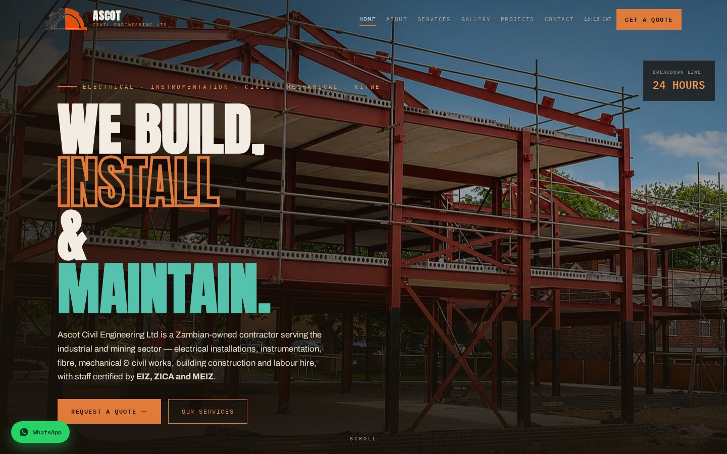 Ascot Civil Engineering website — WE BUILD, INSTALL & MAINTAIN hero